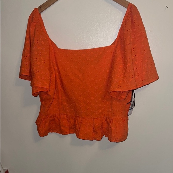 Cropped Orange Eyelet Ruffle Top with Tie Back - Picture 1 of 5